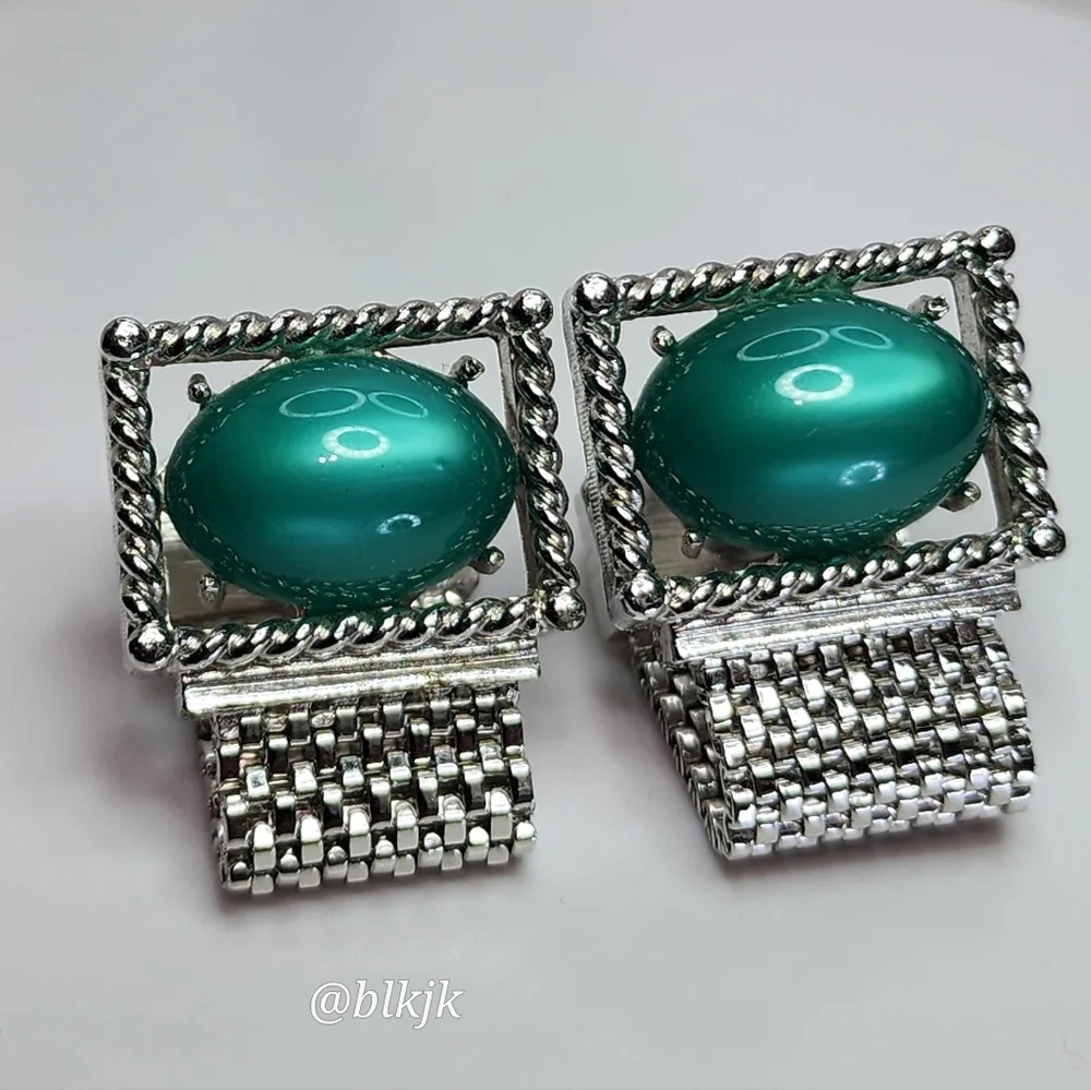 Vintage SWANK Cufflinks *Teal/Silver* EUC